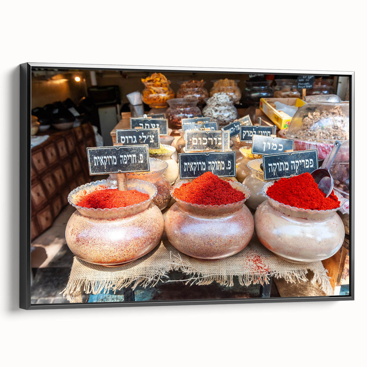 Black and white framed canvas of Tel Aviv landscape, vintage poster style, ideal for bedroom decor.