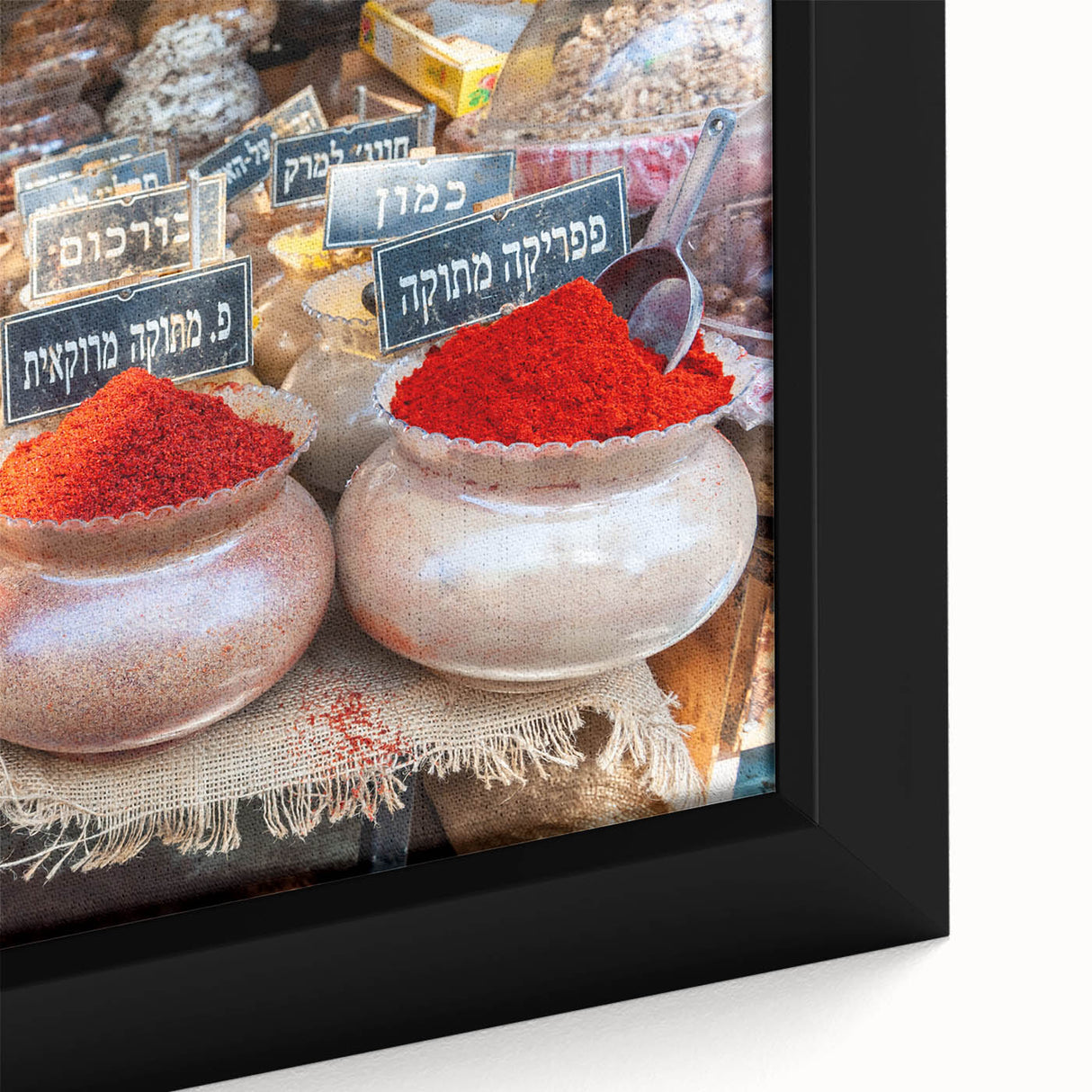 Extra large black wall art featuring a textured, colorful Tel Aviv cityscape on framed canvas, ideal for living room decor.