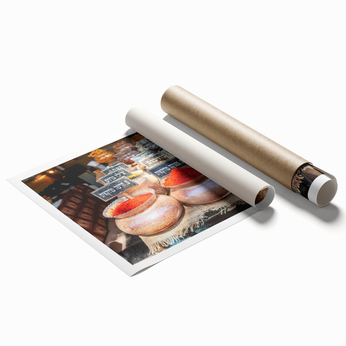 Extra large rolled print of Tel Aviv scenery with floral accents in muted earth tones, ideal for classy bathroom wall art.