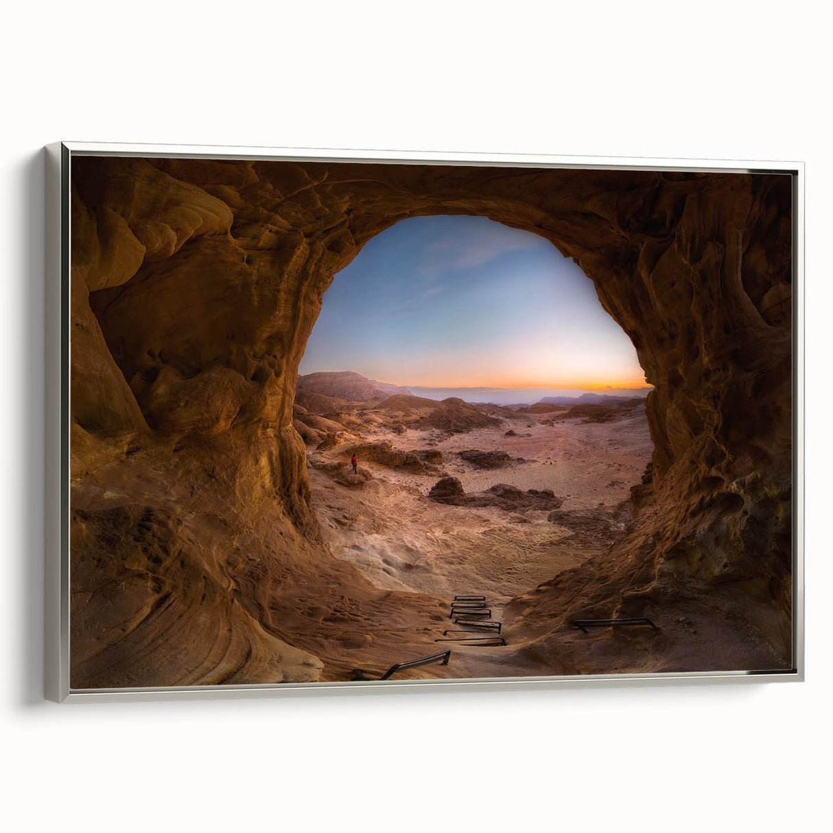 Landscape art painting of a Middle Eastern scenery on framed canvas, featuring muted earth tones with silver accents.