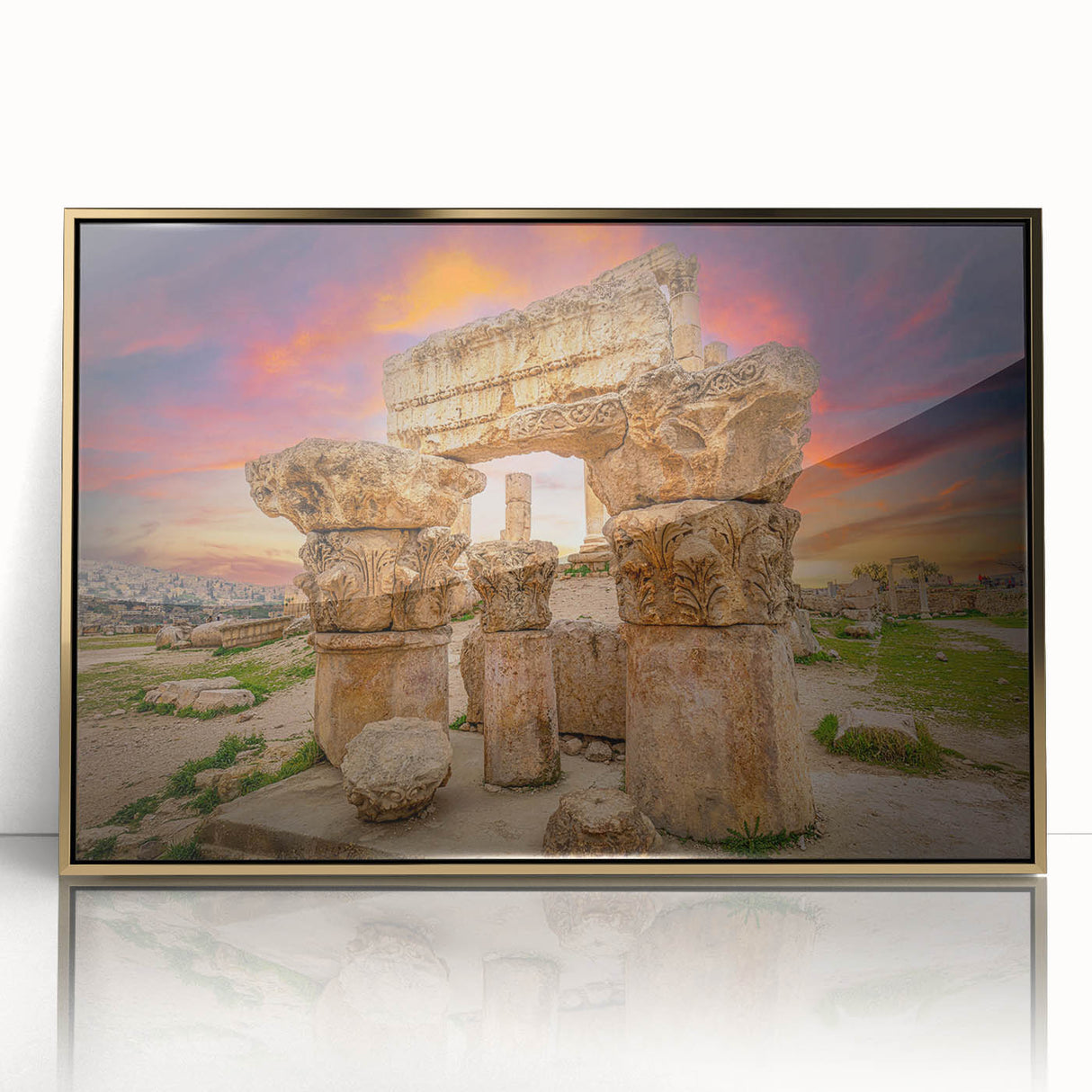 Mid-century modernist art depicting Jordanian landscape in gold and earth tones on a framed acrylic.