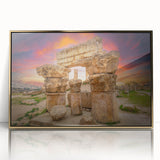 Mid-century modernist art depicting Jordanian landscape in gold and earth tones on a framed acrylic.
