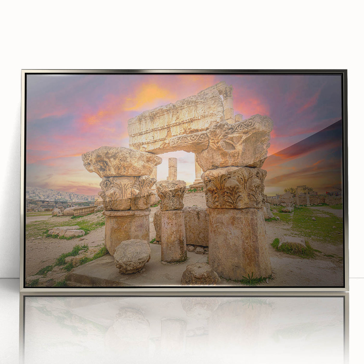 Mid-century modernist art depicting a Jordanian landscape in soft earth tones on a framed acrylic.