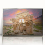 Mid-century modernist art depicting a Jordanian landscape in soft earth tones on a framed acrylic.