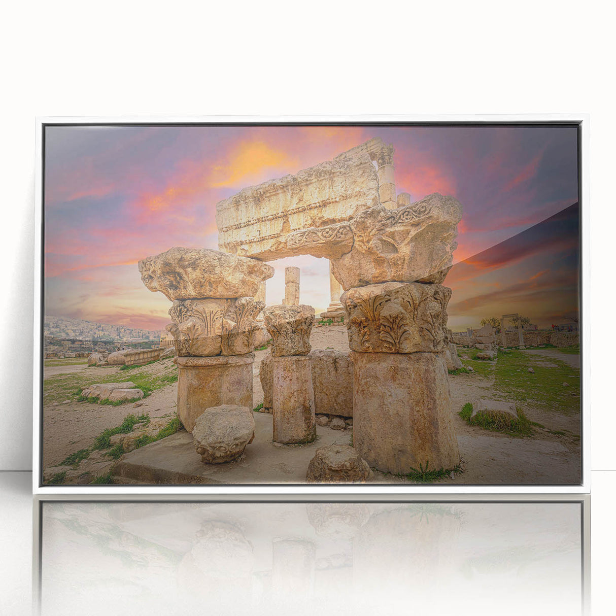 Art deco poster of Jordan scenery in muted beige and white, acrylic framed, ideal for modern art wall decor.