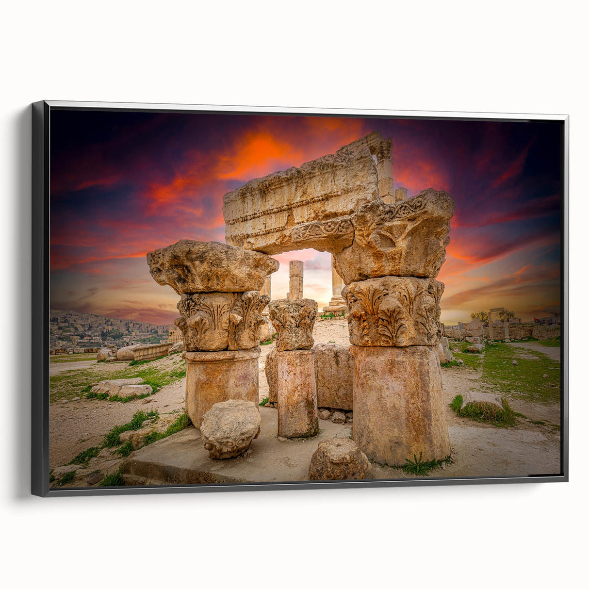 Black and white framed canvas of a Jordanian landscape, featuring vintage poster art style, suitable for bedroom decor.