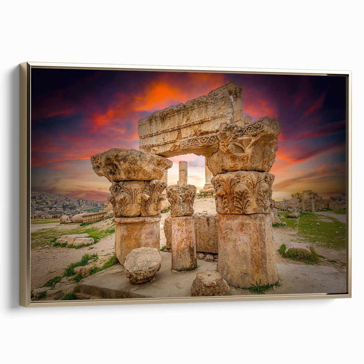 Framed canvas depicting a vintage-style Jordanian landscape in muted gold and black tones, ideal for bedroom wall decor.