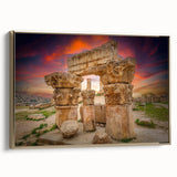 Framed canvas depicting a vintage-style Jordanian landscape in muted gold and black tones, ideal for bedroom wall decor.