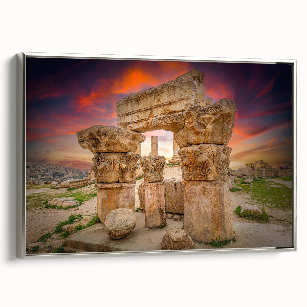 Landscape art painting of a Jordanian scene on framed canvas, featuring muted earth tones, ideal for a study or office wall.