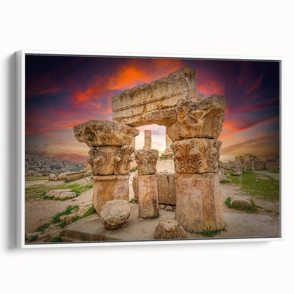 Vintage poster art of a Jordanian landscape on framed canvas, featuring vibrant colorful art, ideal for living room decor.