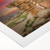 Art deco poster of a Middle Eastern Jordanian landscape in muted earth tones on rolled canvas.