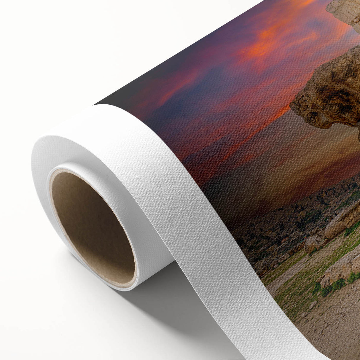 Art Deco poster of a Jordanian landscape on rolled canvas, featuring soft earth tones, ideal for nursery wall art.