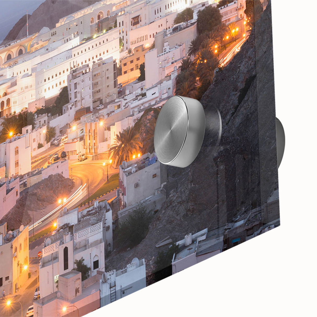 Large abstract wall art depicting a Middle Eastern Oman scenery in muted earth tones on acrylic glass.