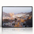 Large abstract wall art of a Middle Eastern scenery in Oman, with muted earth tones on a framed acrylic.