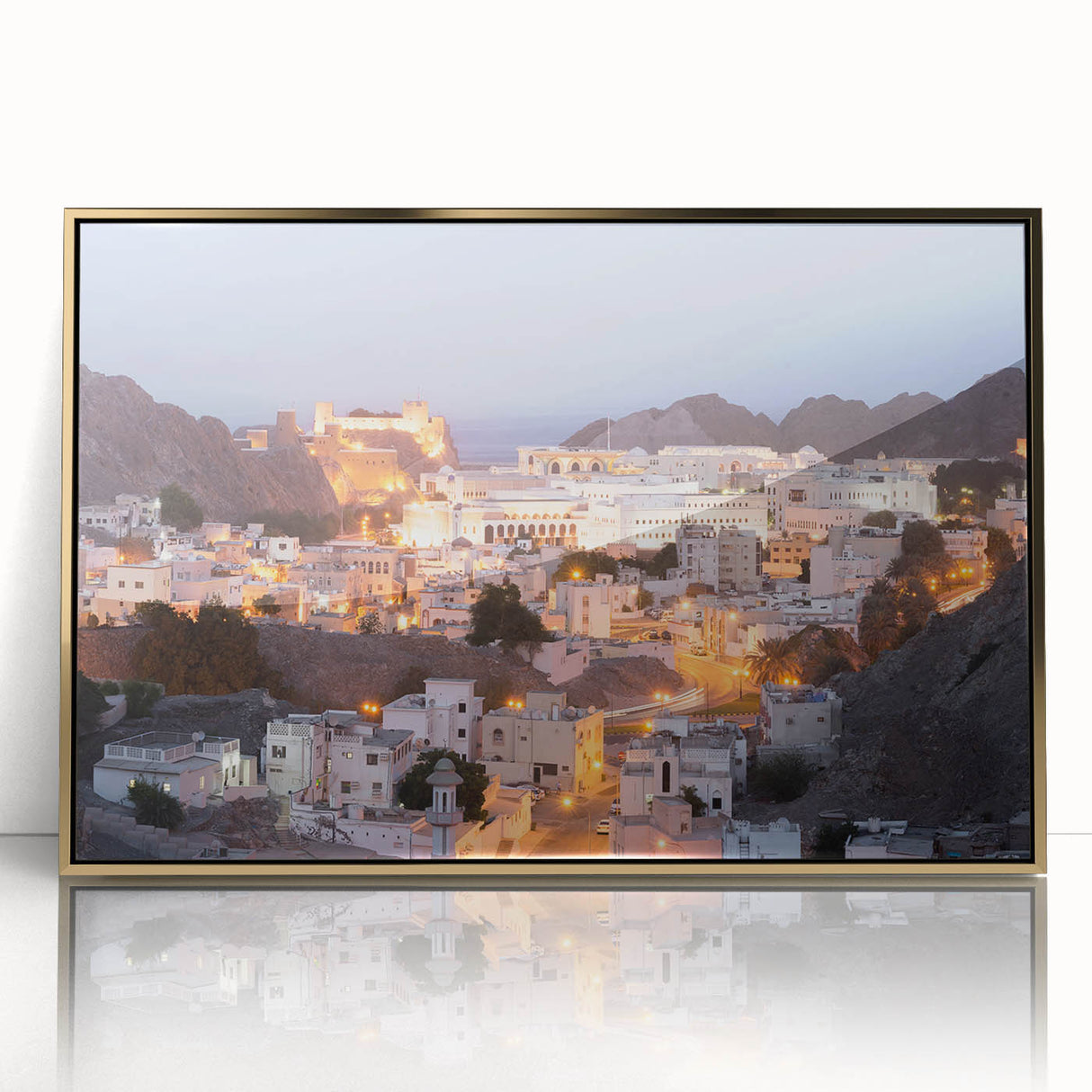 Large art print featuring a mid-century modernist scene of Oman in gold and earth tones on a framed acrylic.