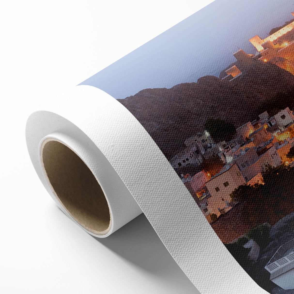 Art Deco-style poster of Middle Eastern scenery on rolled canvas, featuring earthy tones.