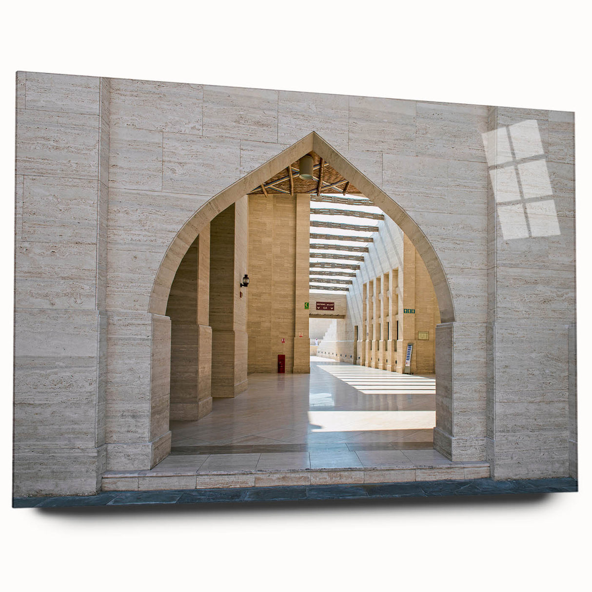 Acrylic print of a large abstract depiction of a Middle Eastern Qatar scenery, using cool blue and sandy tones.