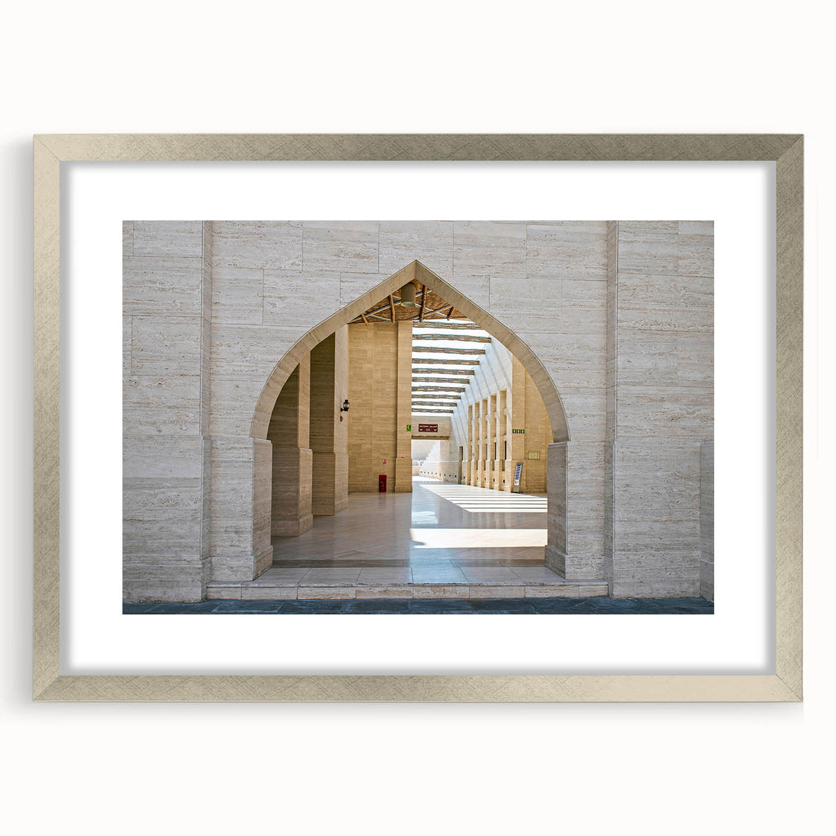 Textured abstract art print of a Middle Eastern scenery in silver frame, ideal for bedroom art.