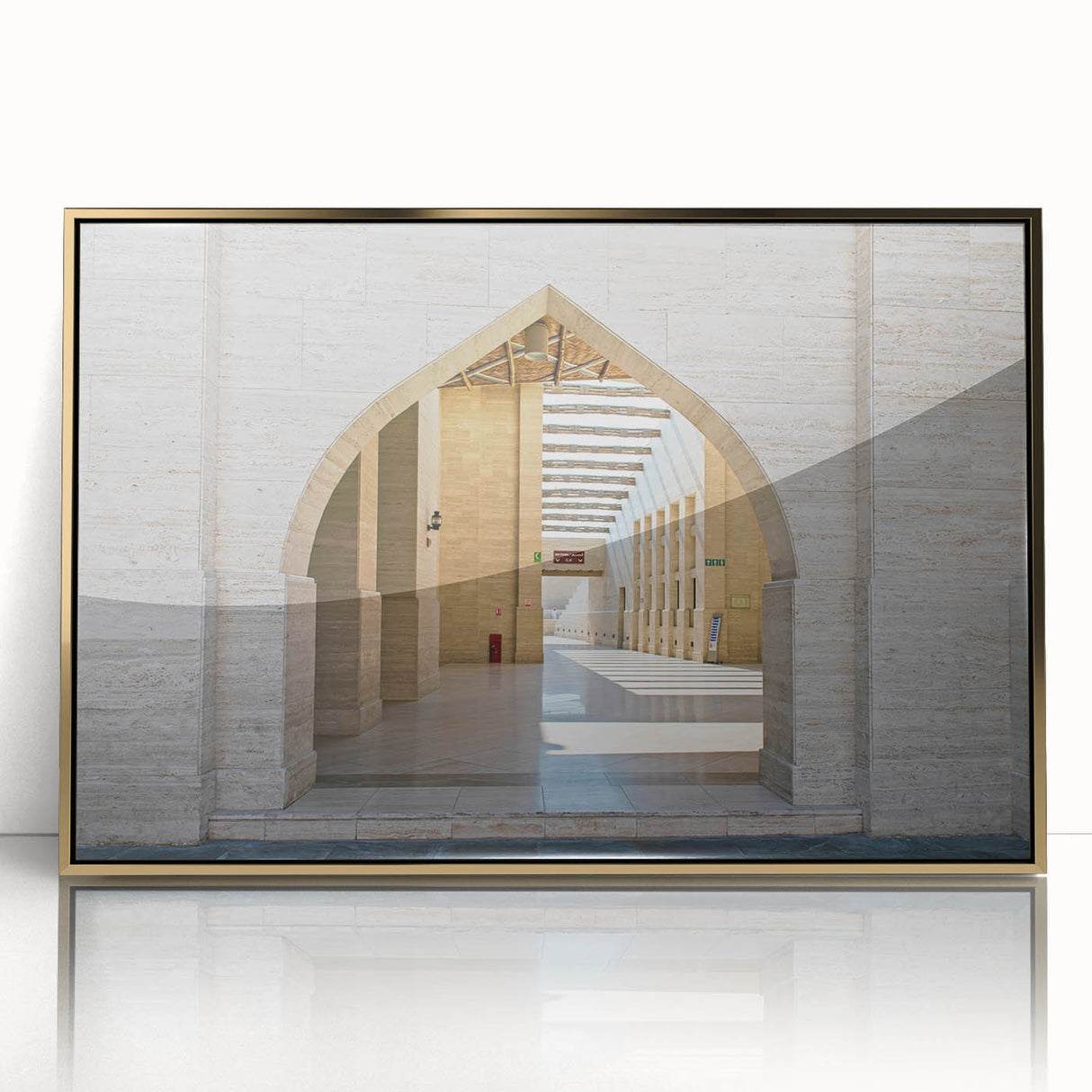 Mid-century modernist style large art print of a Qatar scenery in gold tones on a framed acrylic.