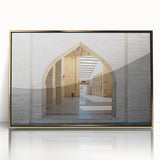 Mid-century modernist style large art print of a Qatar scenery in gold tones on a framed acrylic.