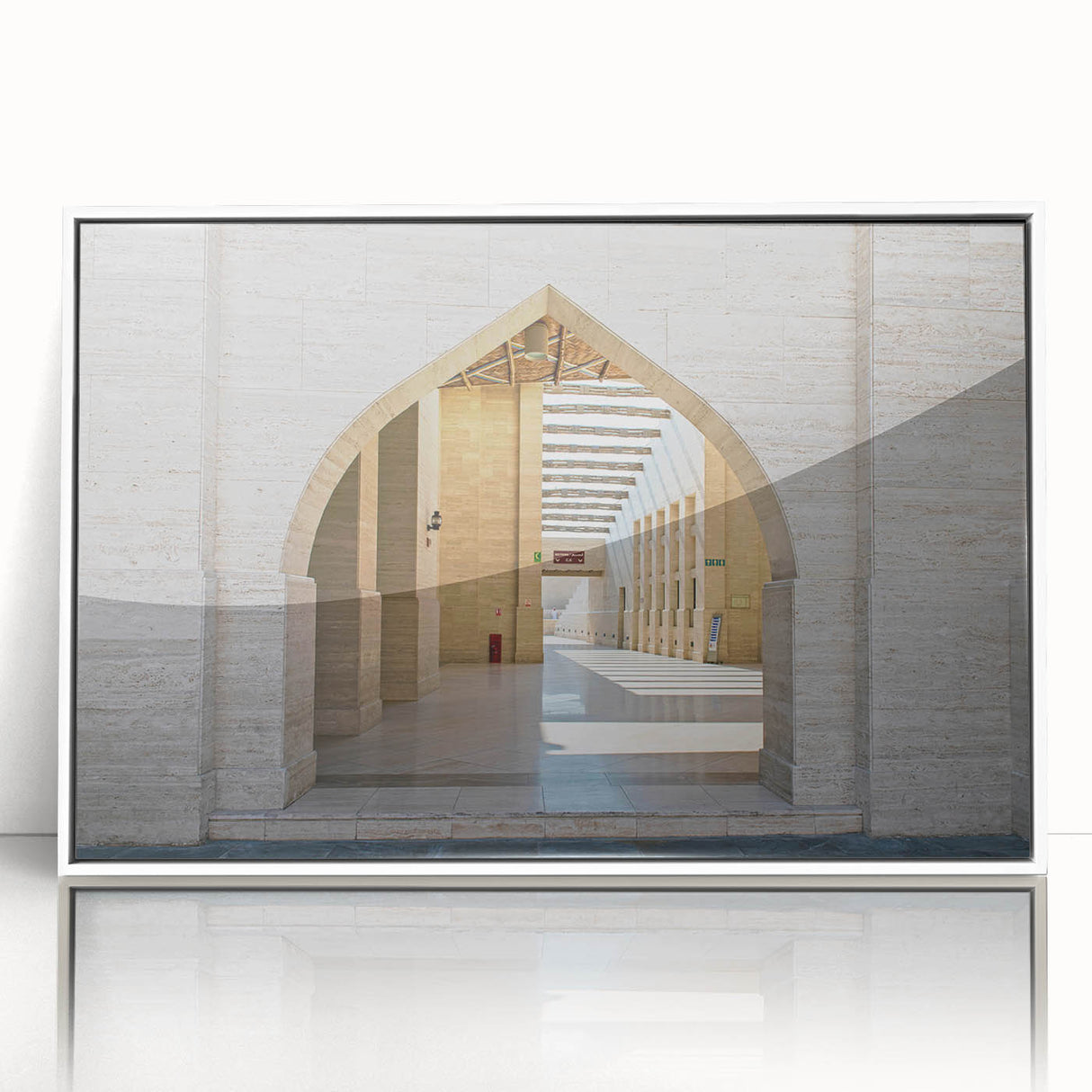 Art deco poster of Qatar scenery in muted gray and blue tones on a white framed acrylic, ideal for modern art wall decor.