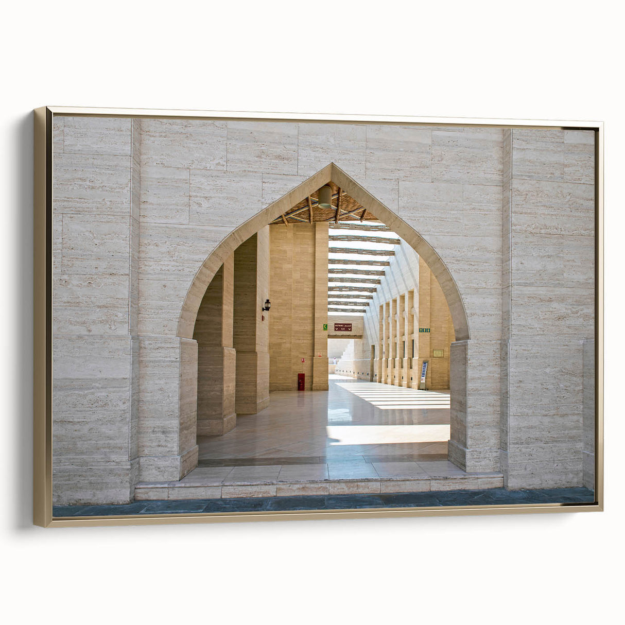 Framed canvas featuring a vintage-style landscape of Qatar with prominent gold and black tones, ideal for bedroom wall decor.