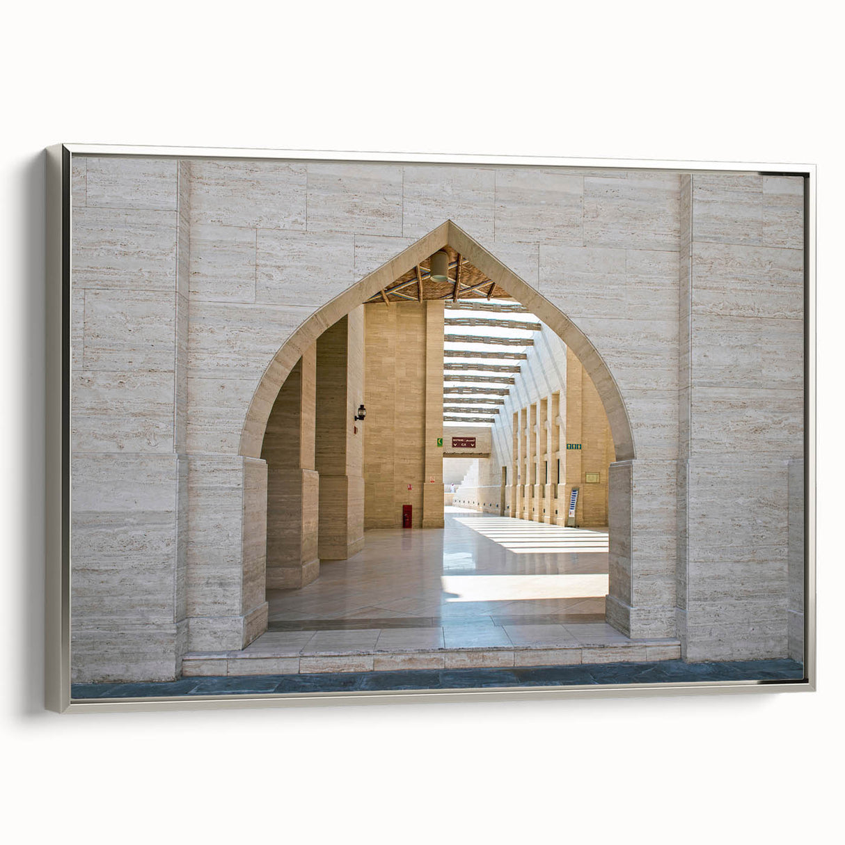 Landscape art painting of a Qatar scenery on framed canvas, featuring muted earth tones with silver accents.