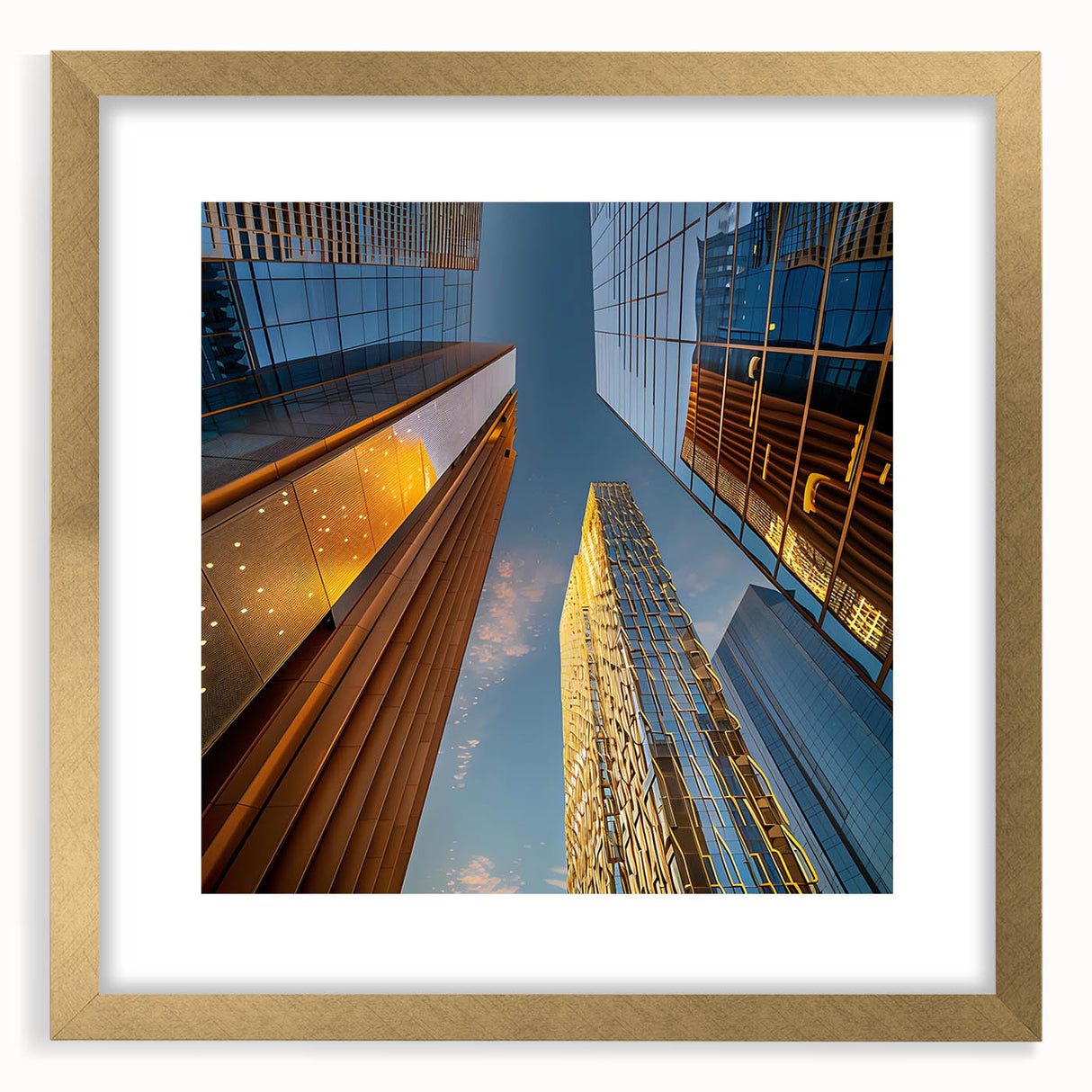 Abstract art print featuring textured patterns in gold and earth tones on a large framed canvas.