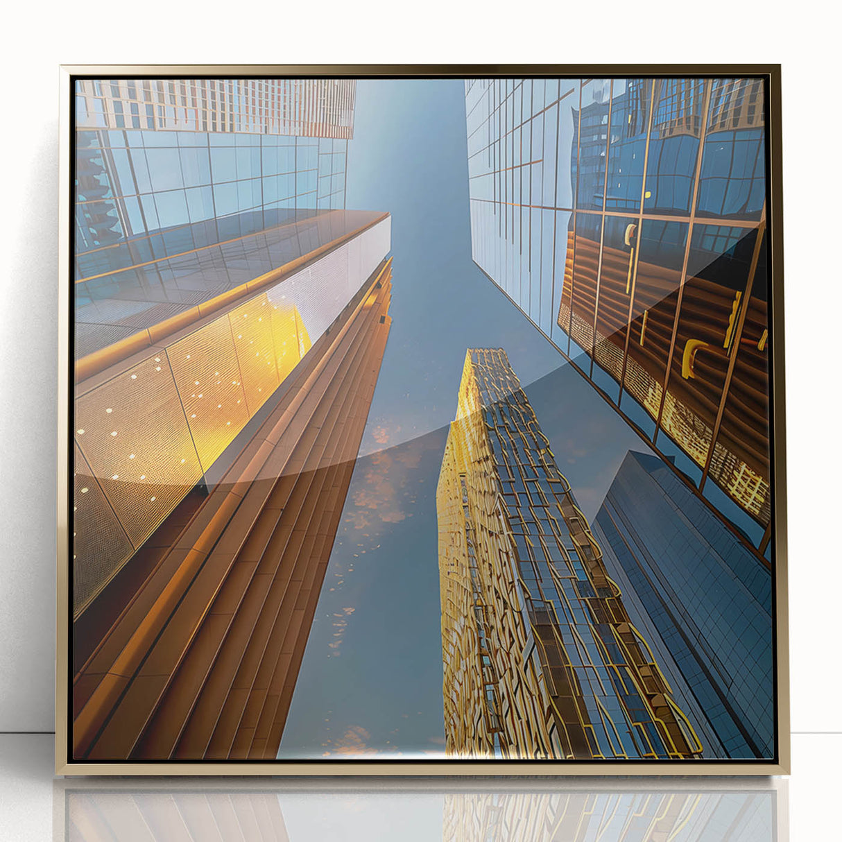 Framed acrylic print of a mid-century modernist Saudi Arabian landscape in gold and earth tones.