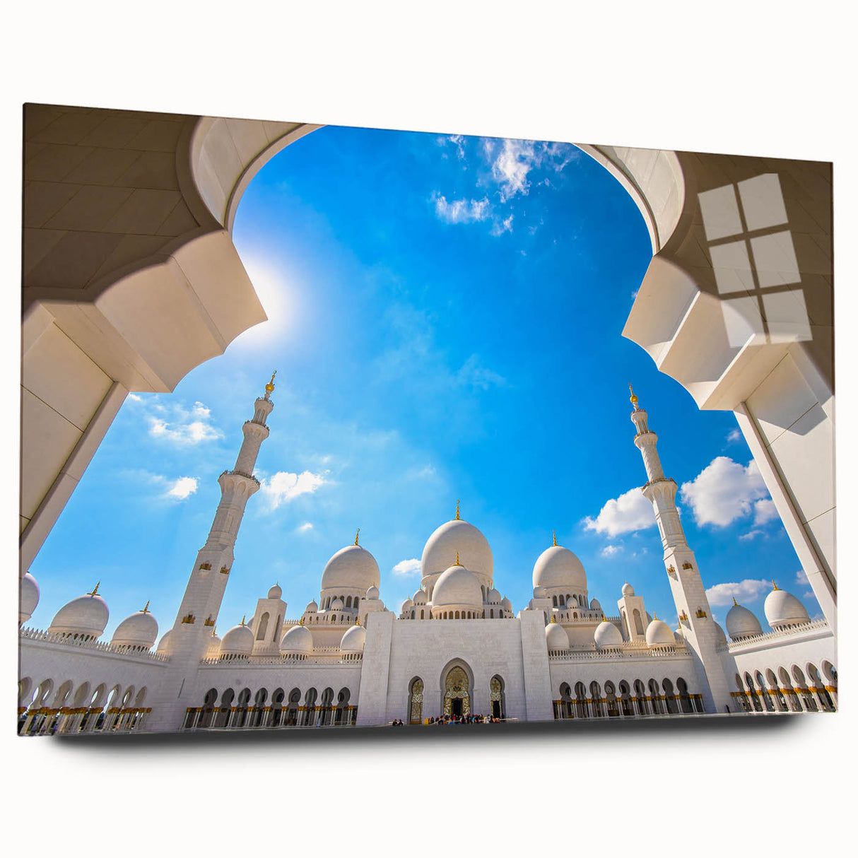 Large abstract wall art of Abu Dhabi skyline in muted blue and gray, acrylic print.