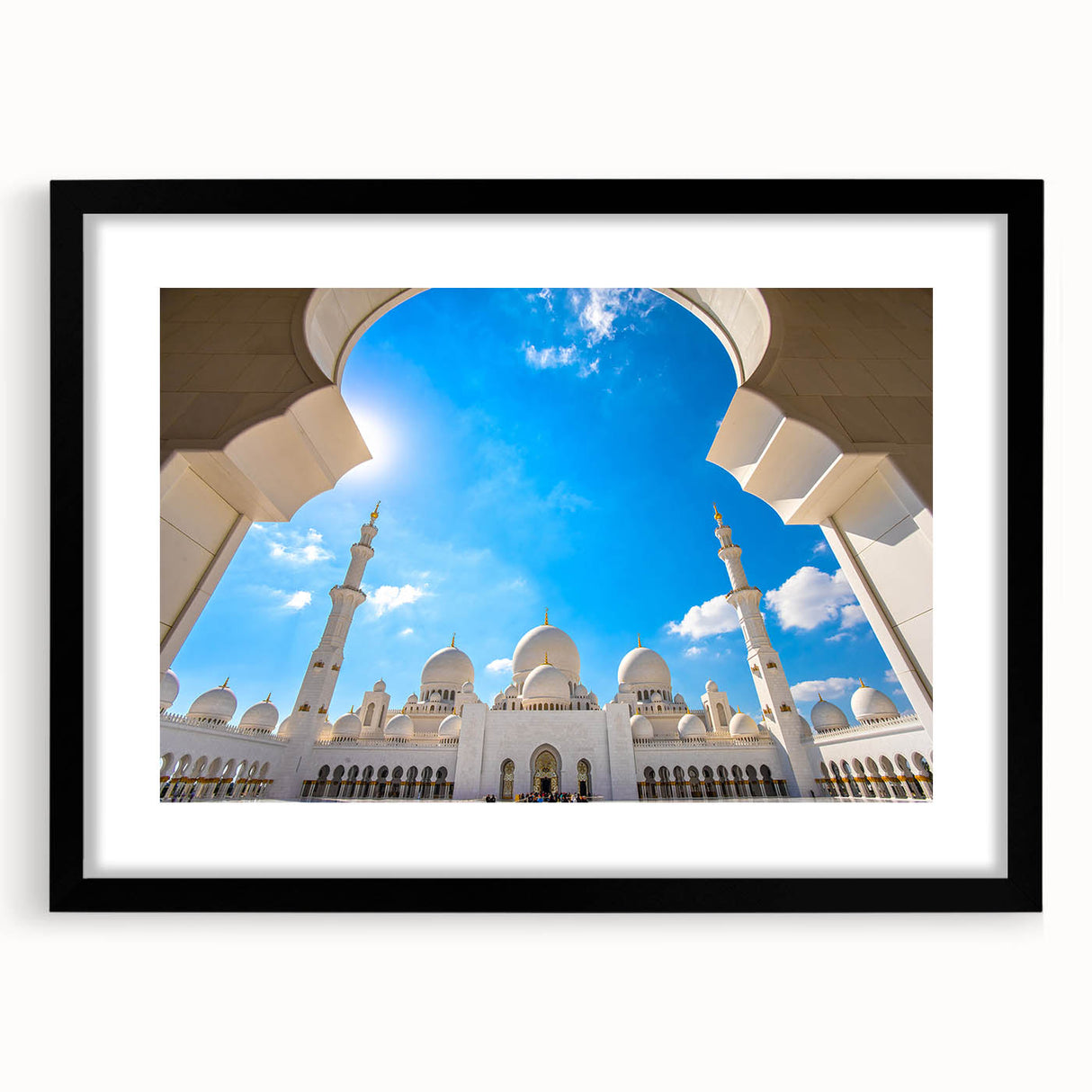 Extra large abstract art print of colorful, textured scenery of Abu Dhabi on a framed canvas, ideal for living room decor.