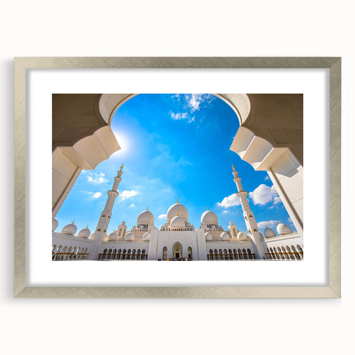 Textured abstract art print of Abu Dhabi skyline in muted silver and gray tones on a framed canvas.