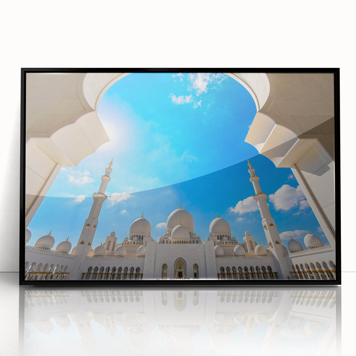 Large abstract wall art of Abu Dhabi skyline in muted gray tones on a black framed acrylic.