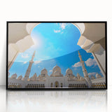 Large abstract wall art of Abu Dhabi skyline in muted gray tones on a black framed acrylic.