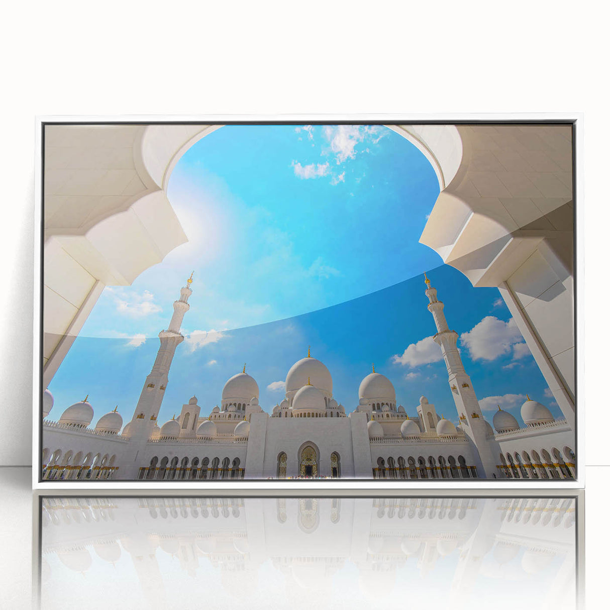 Art Deco style poster of Abu Dhabi skyline in muted gray and blue tones on white framed acrylic.