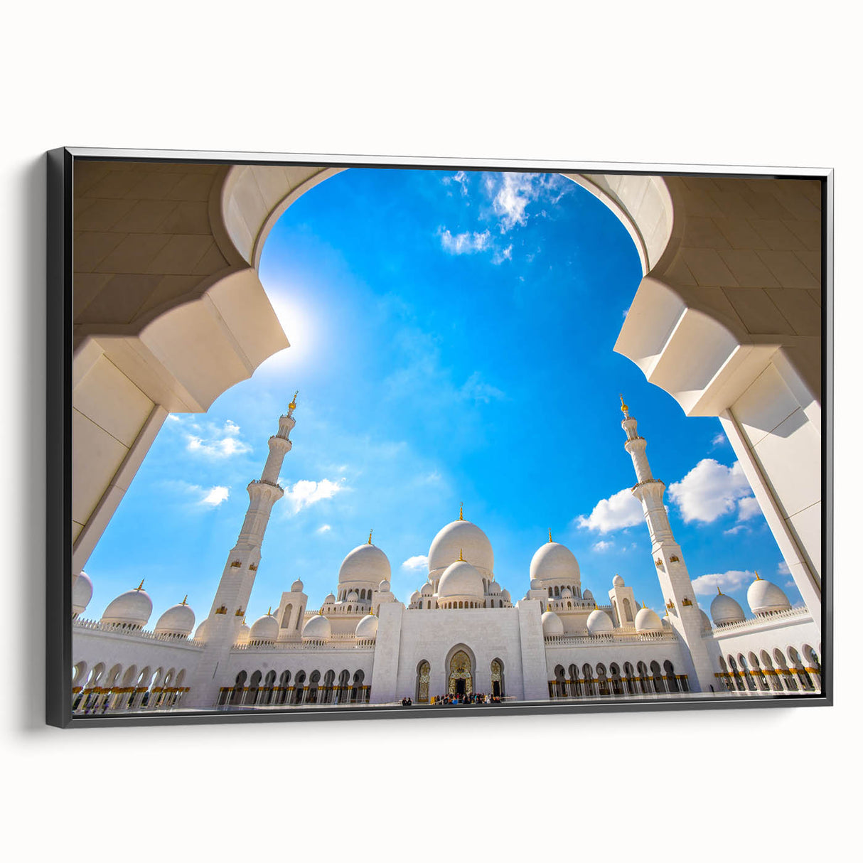 Black and white framed canvas of Abu Dhabi landscape, ideal for bedroom wall art.