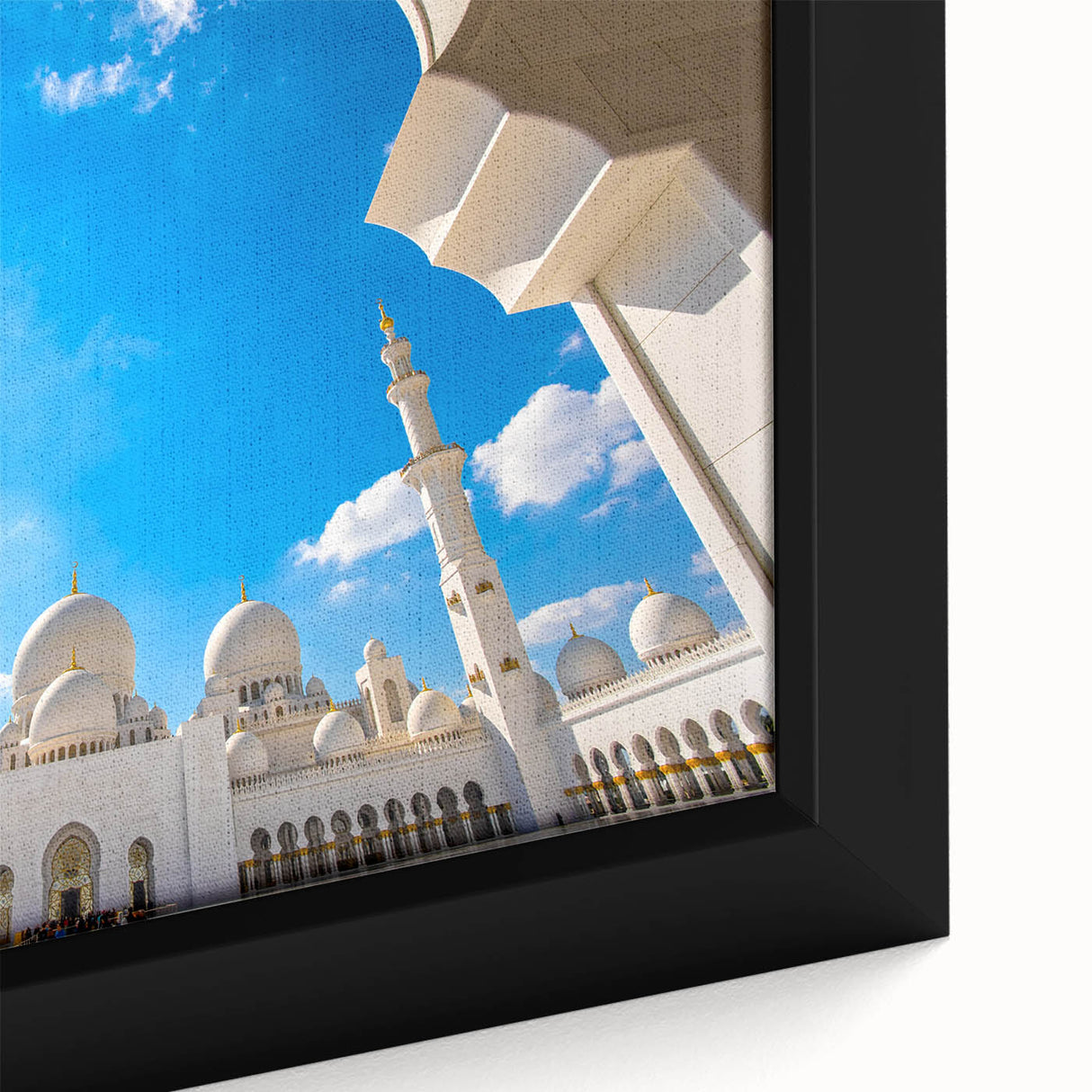 Extra large framed canvas featuring a textured depiction of Abu Dhabi's skyline in black with colorful accents.