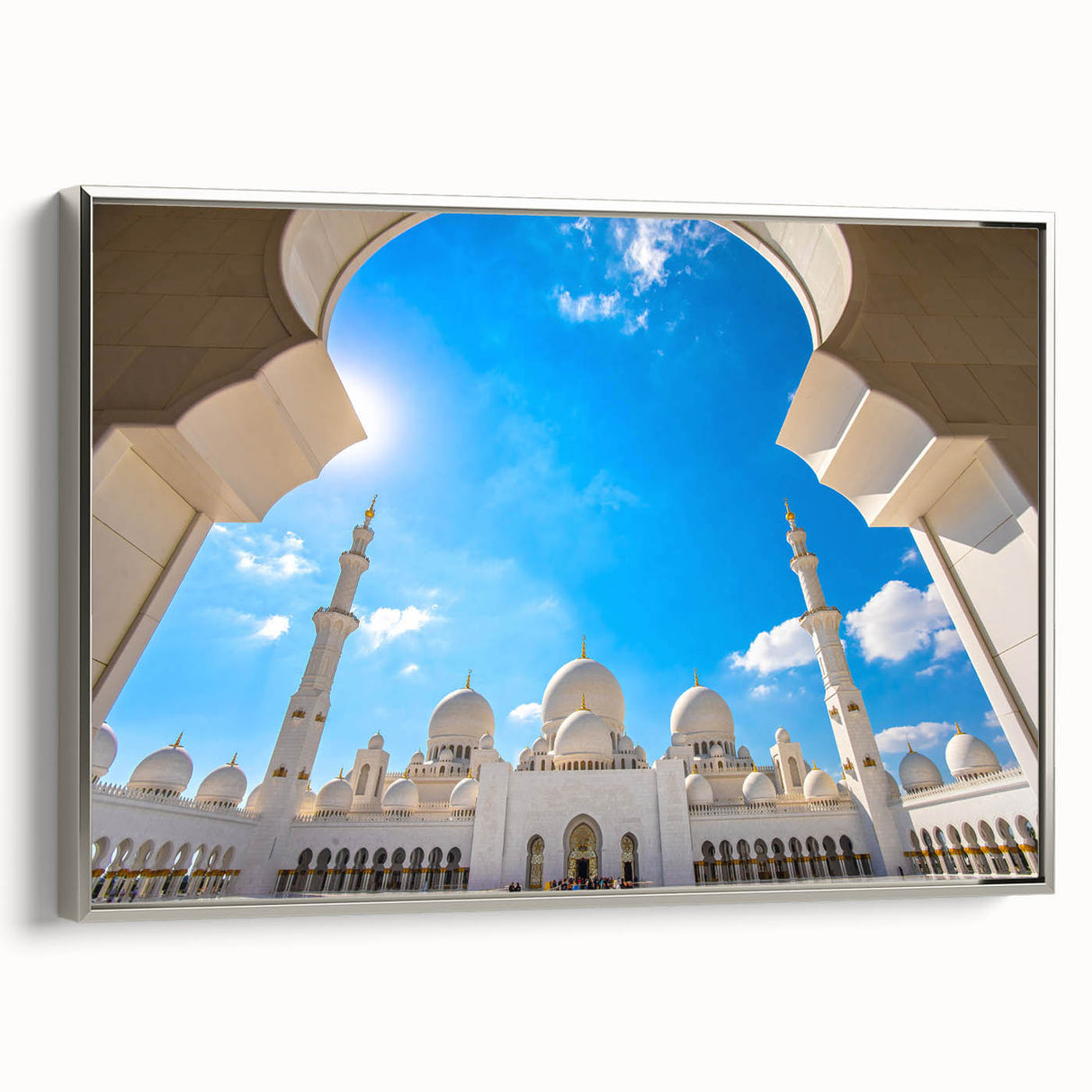Landscape art painting of Abu Dhabi skyline in muted gray and blue tones on framed canvas.