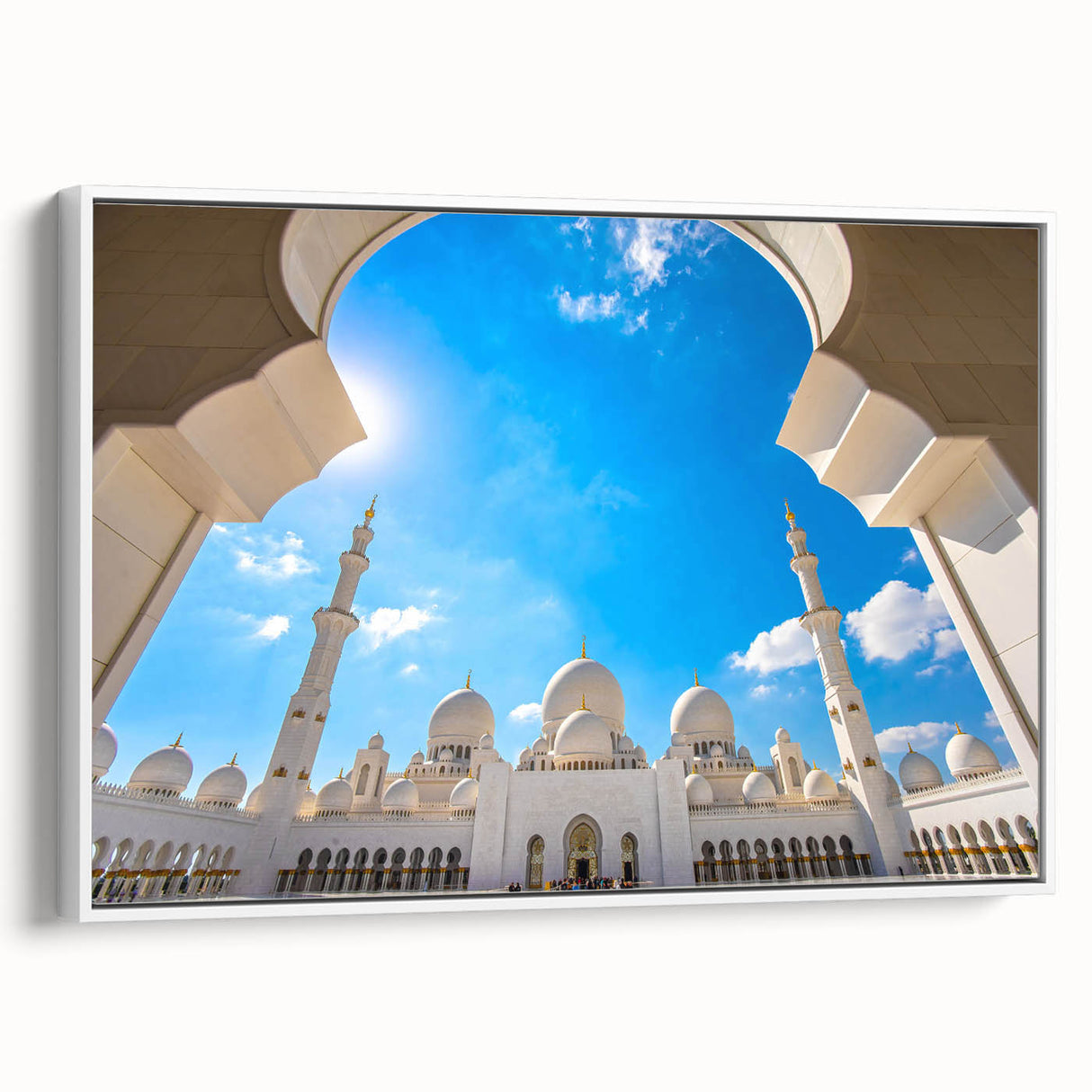Vintage poster art of Abu Dhabi scenery on a framed canvas, featuring colorful art with black accents.