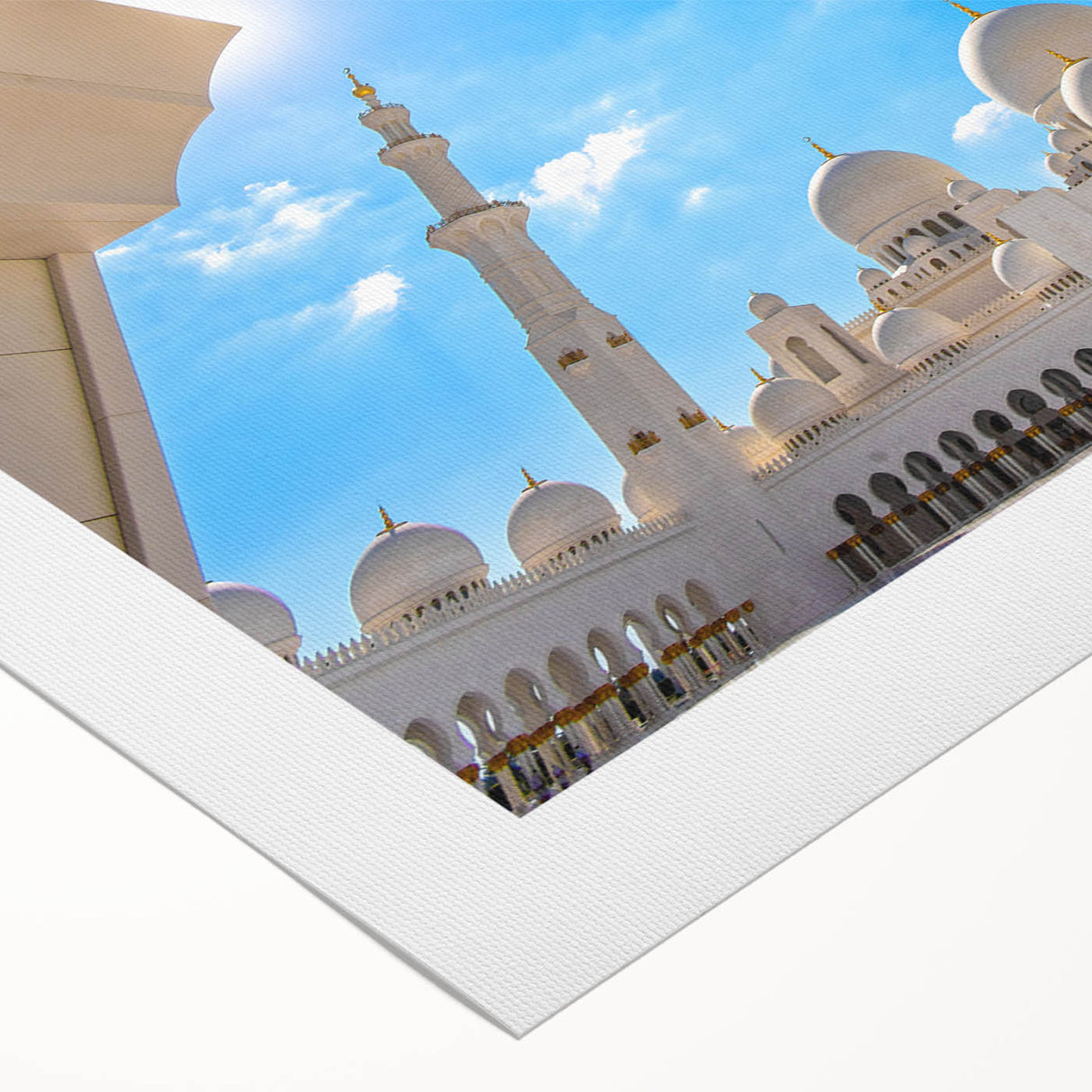 Art deco poster of Abu Dhabi skyline in muted gold and blue tones on rolled canvas, ideal for dining room wall art.