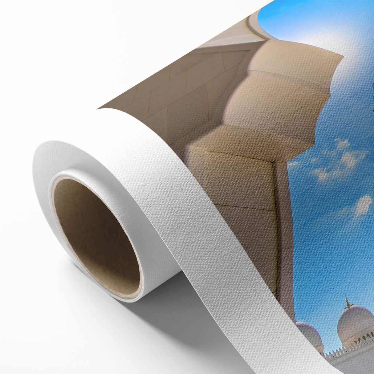 Art Deco style poster of Abu Dhabi skyline in muted gold and blue tones on rolled canvas.