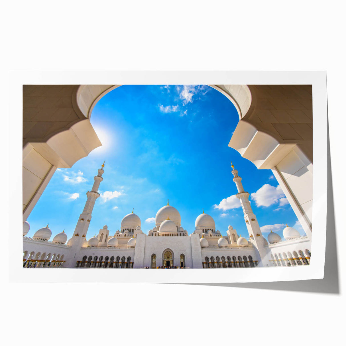 Extra large rolled print of Abu Dhabi scenery with vivid blue and beige tones, ideal for art wall dining room.