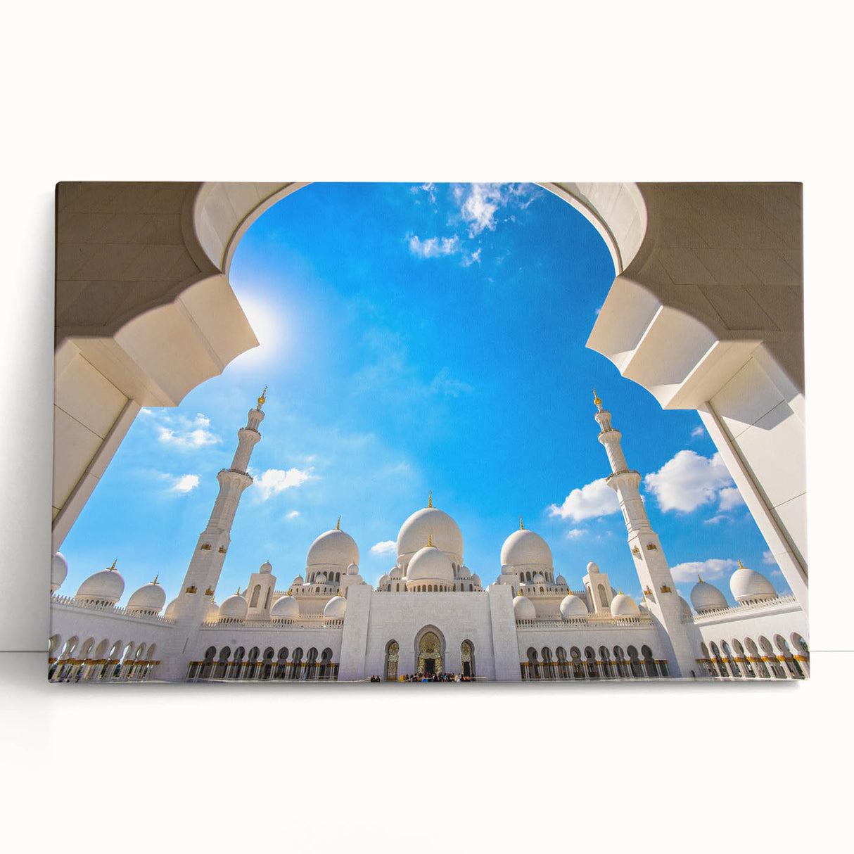 Black and white panoramic view of Abu Dhabi skyline on stretched canvas, suited for kitchen or bedroom wall art.