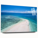 Large abstract oceanic scene in muted blue and green on acrylic glass, suitable for bedroom or dining room art.