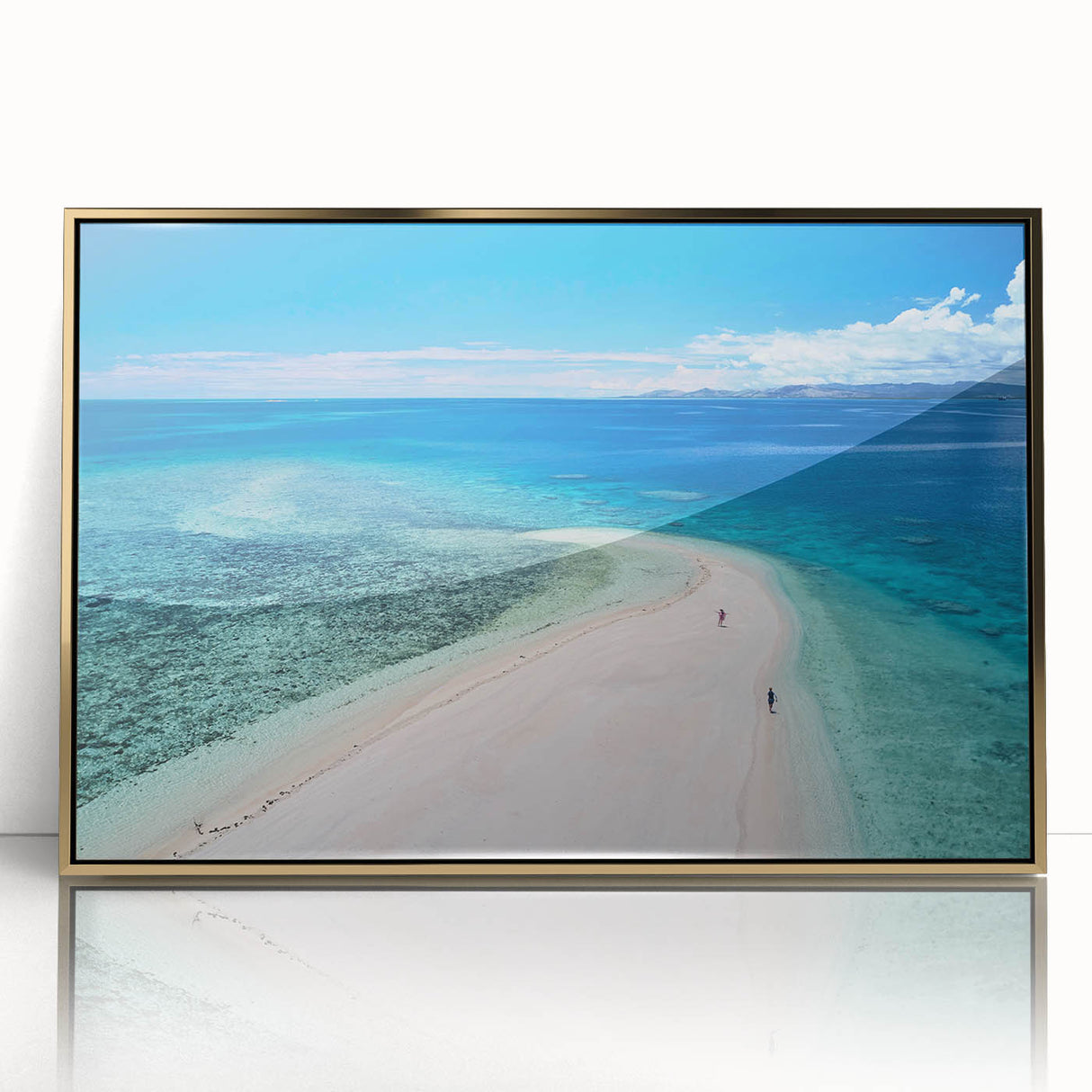 Mid-century modernist style acrylic print featuring a serene Fiji landscape in soft blue and green tones.