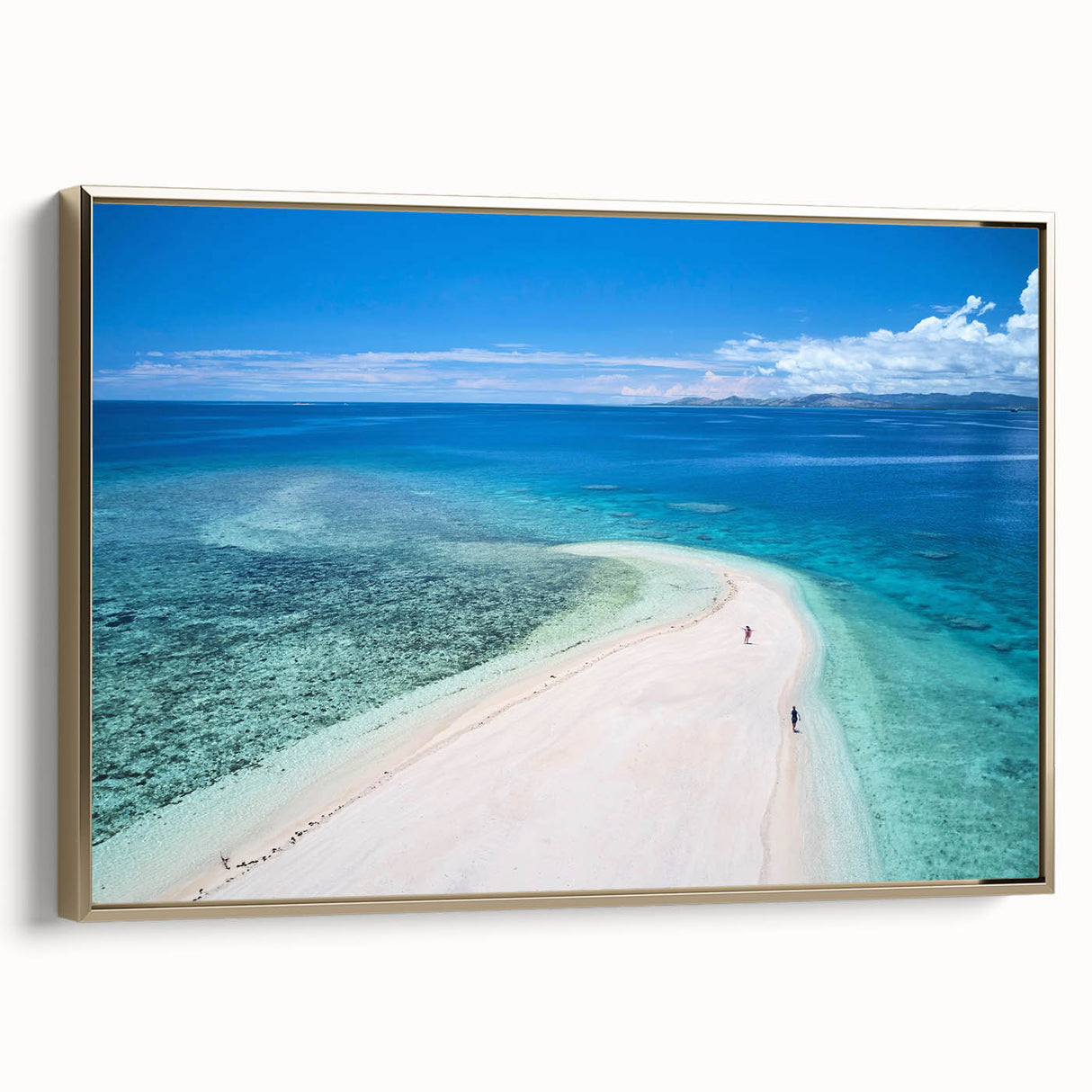 Framed canvas of a vintage-style landscape painting depicting Oceania, Fiji, with black and gold tones.