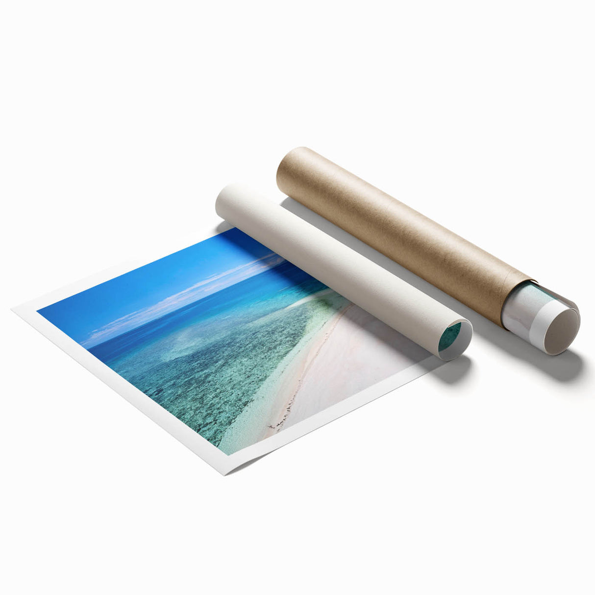 Extra large rolled print of a serene Fiji beach scene in soft pastel shades, ideal for classy bathroom wall art.