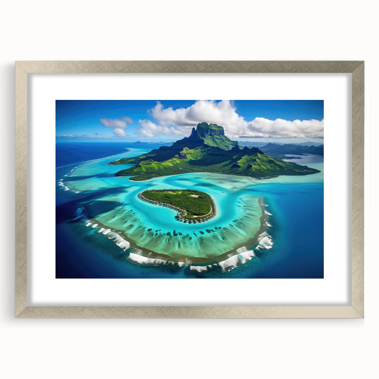 Textured abstract art print depicting oceanic scenery in muted blue and green tones, framed in silver.