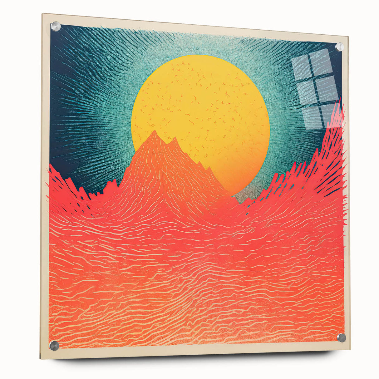 Large abstract wall art of Tahitian scenery in vibrant blues and greens on acrylic glass.