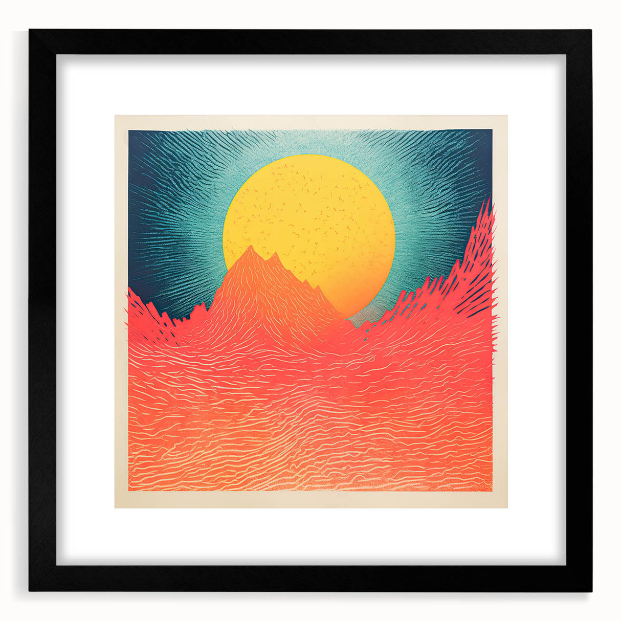 Extra large, colorful abstract art print of a Tahitian scenery on textured canvas, framed in black.